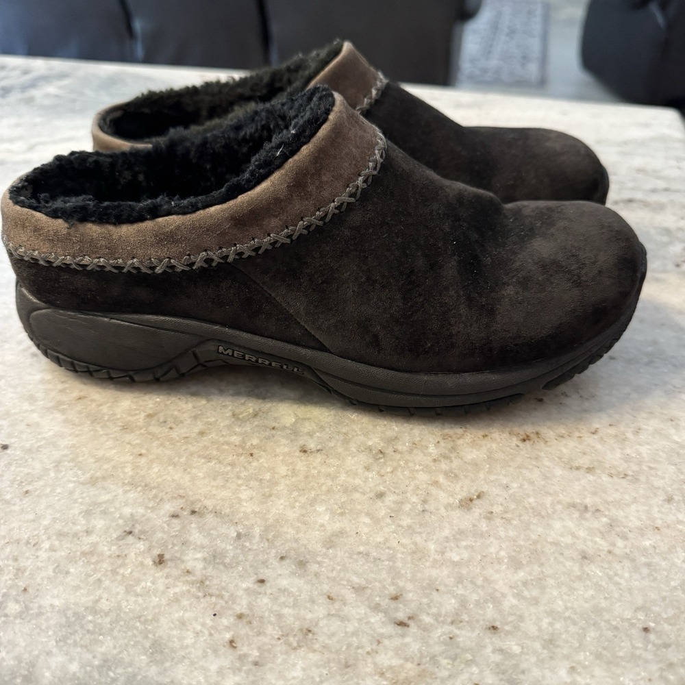 Merrell Encore Chill Stitch J66310 Women 8.5 Black Suede Sheepskin Lined Clogs